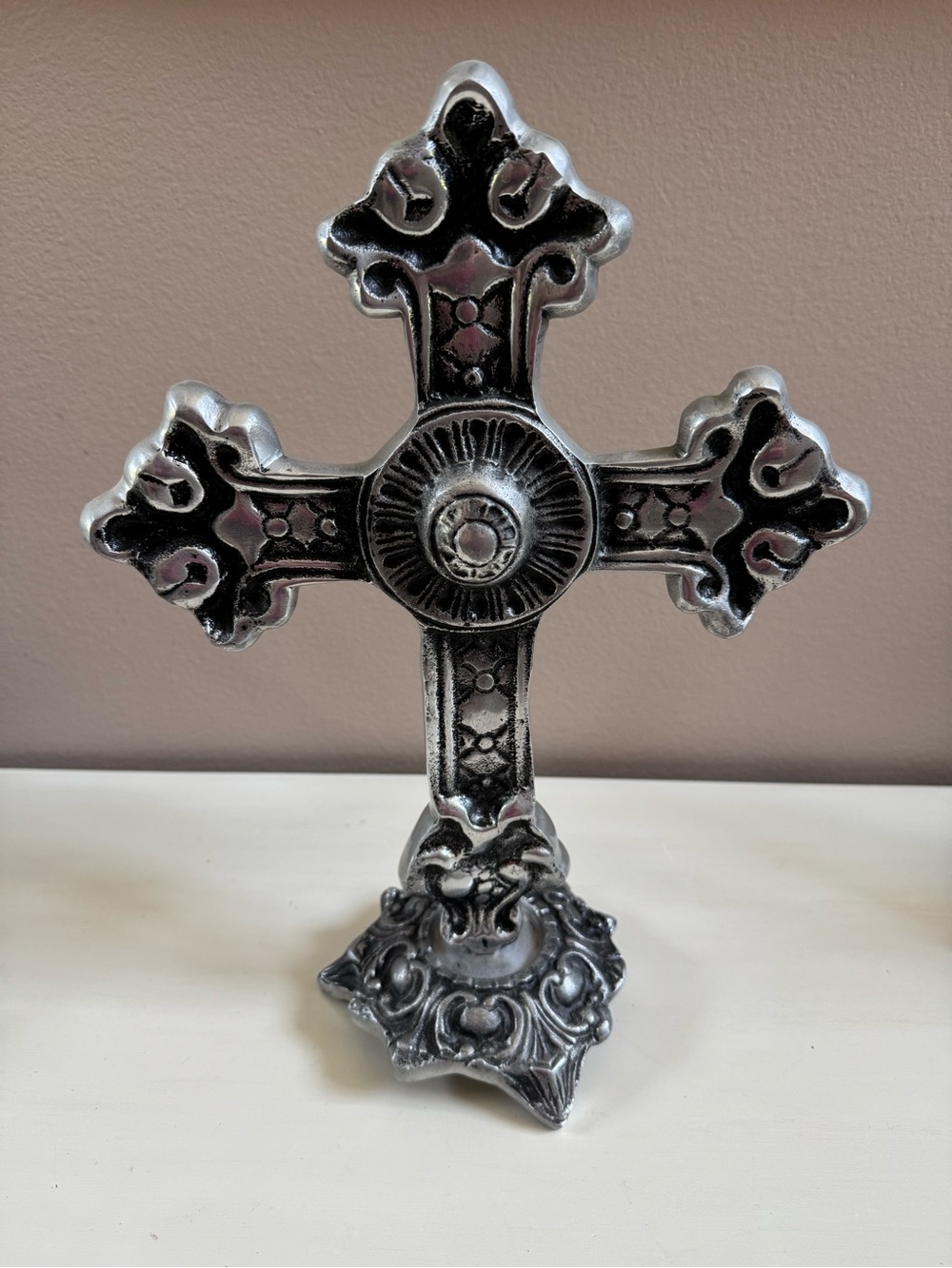 Pewter large Decorative ornate vintage Cross- sturdy